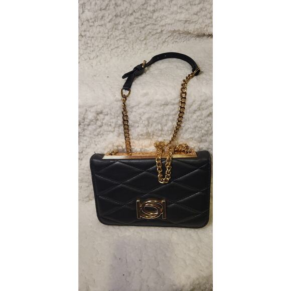 BeBe Crossbody purse, black, long gold color strap, divided sections. - Picture 13 of 13